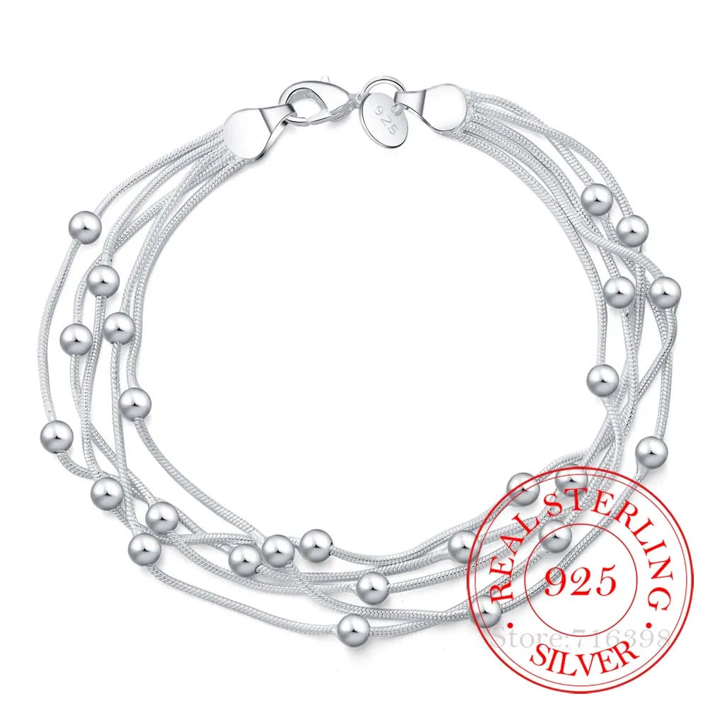 925 Delicate Silver Bracelet, 925 Sterling Silver Jewelry Five Line Beads Ball Bracelets Bangle for Women Pulseiras De Prata