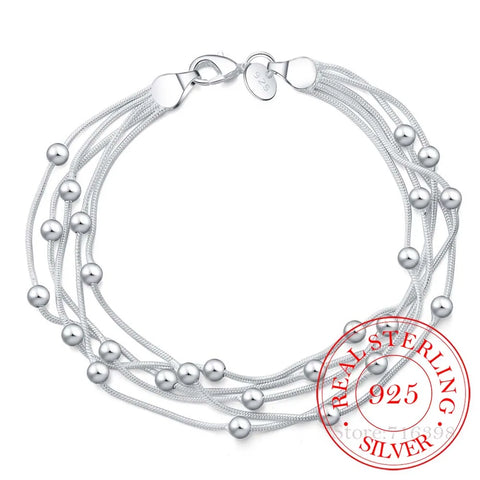 925 Delicate Silver Bracelet, 925 Sterling Silver Jewelry Five Line Beads Ball Bracelets Bangle for Women Pulseiras De Prata