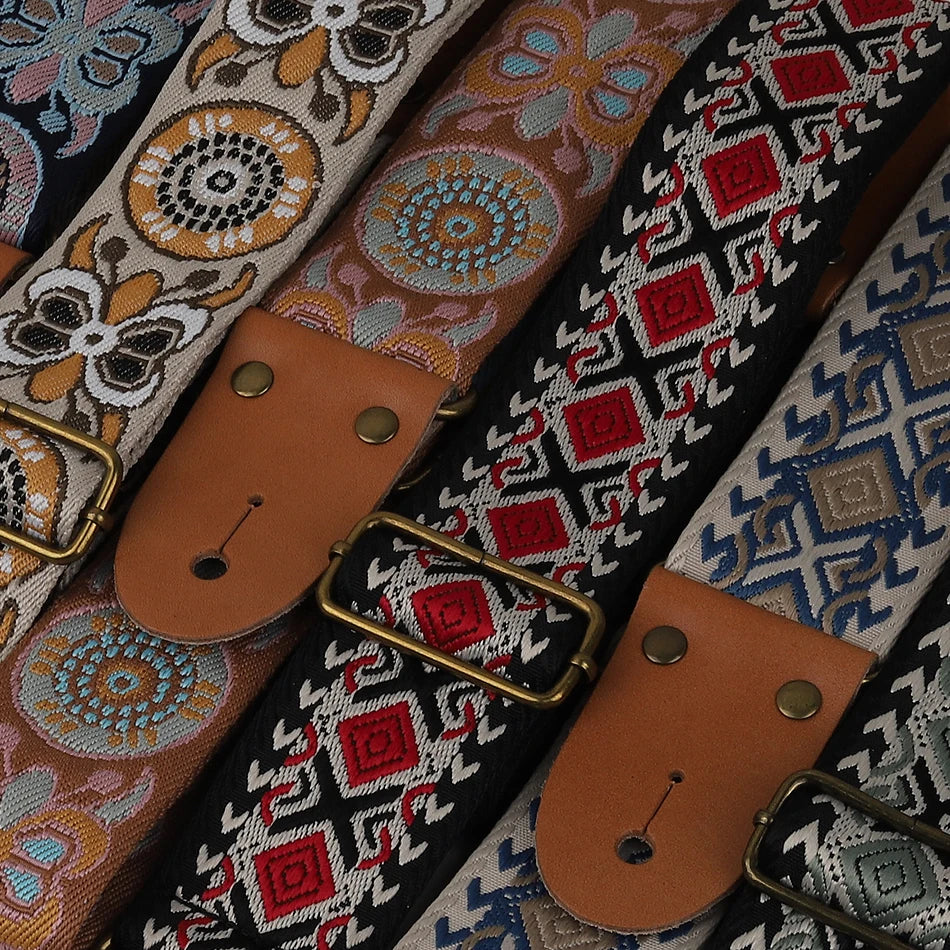 P&P Guitar Strap Adjustable Embroidered Belt with Leather End for Bass Electric Acoustic Guitar