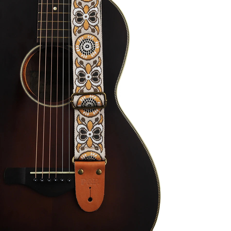 P&P Guitar Strap Adjustable Embroidered Belt with Leather End for Bass Electric Acoustic Guitar