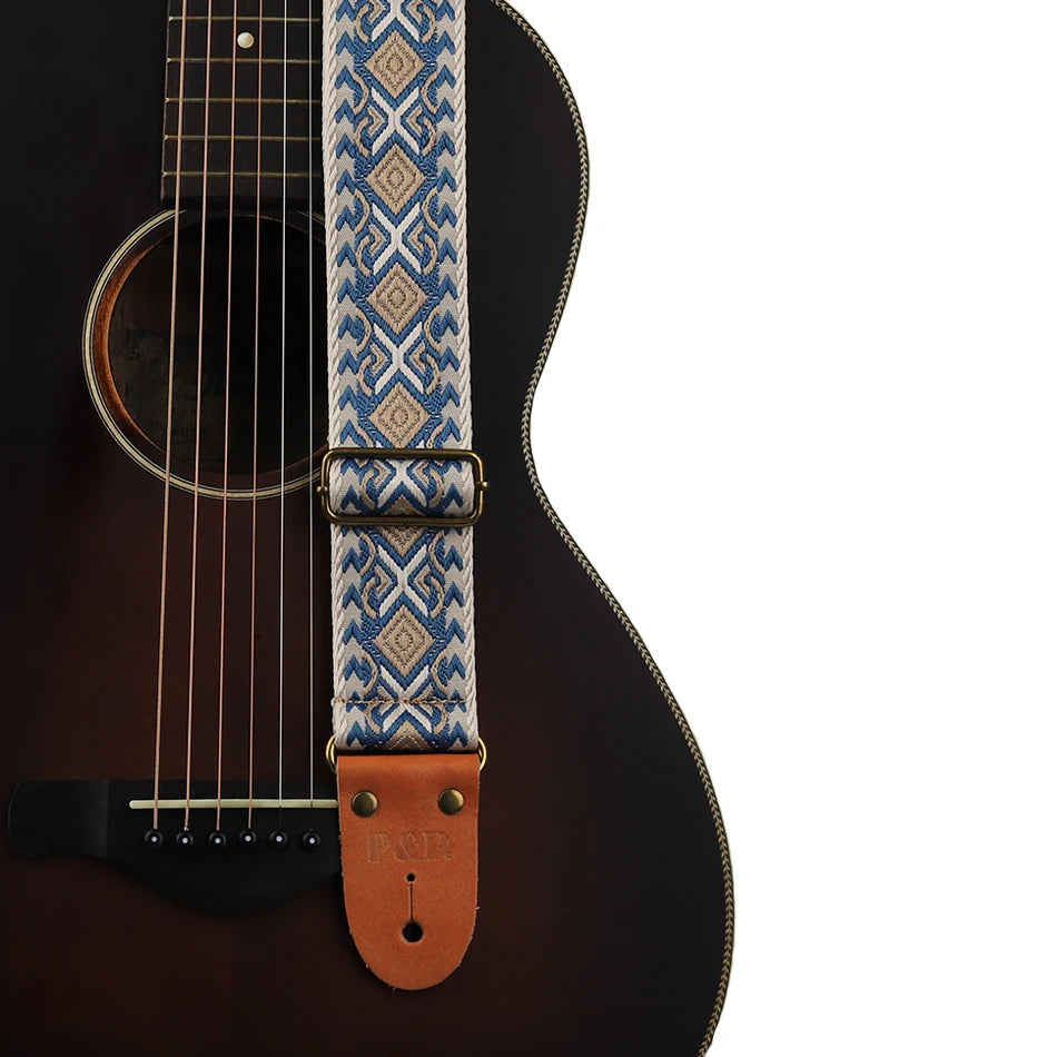 P&P Guitar Strap Adjustable Embroidered Belt with Leather End for Bass Electric Acoustic Guitar