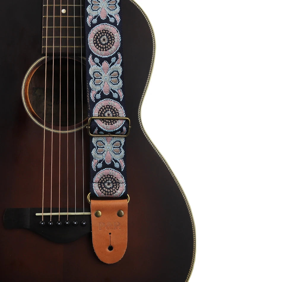 P&P Guitar Strap Adjustable Embroidered Belt with Leather End for Bass Electric Acoustic Guitar