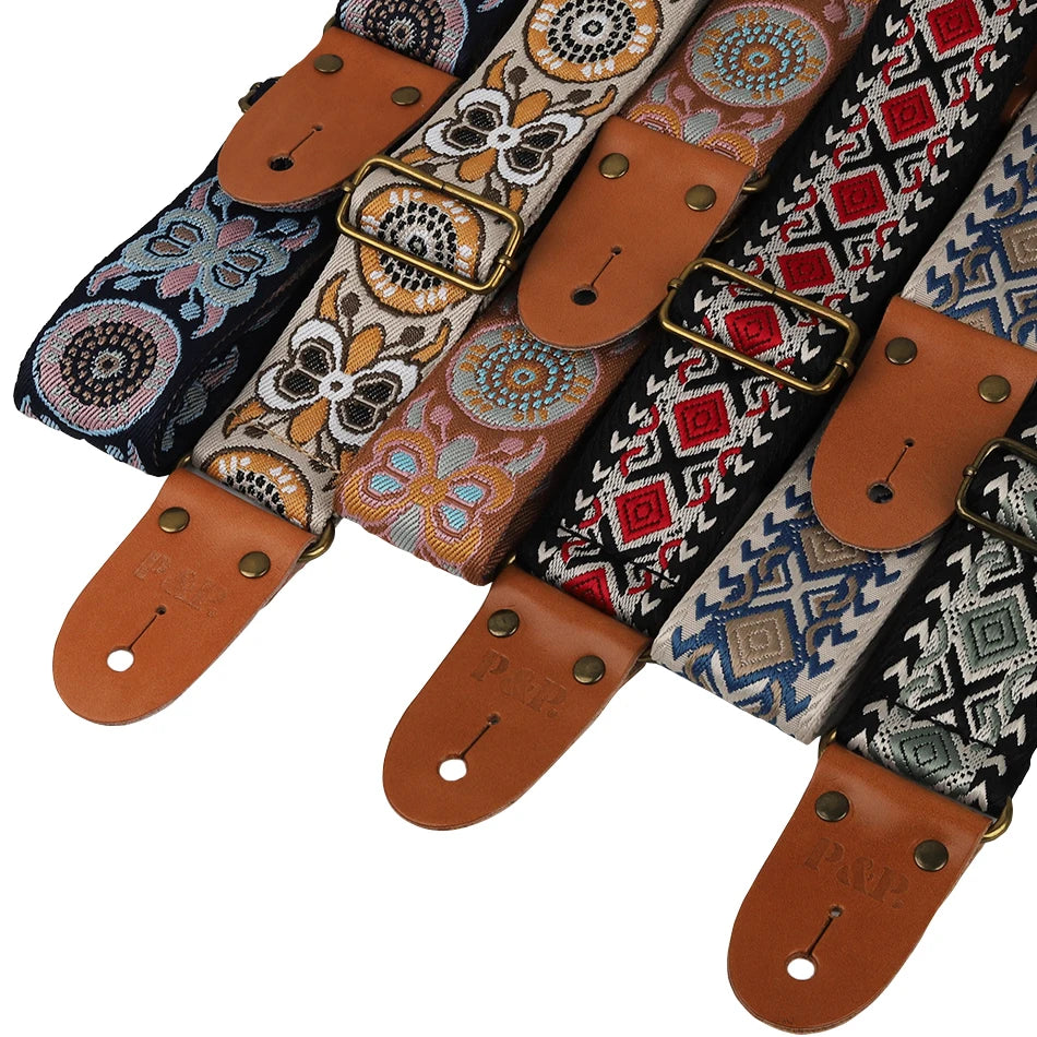 P&P Guitar Strap Adjustable Embroidered Belt with Leather End for Bass Electric Acoustic Guitar