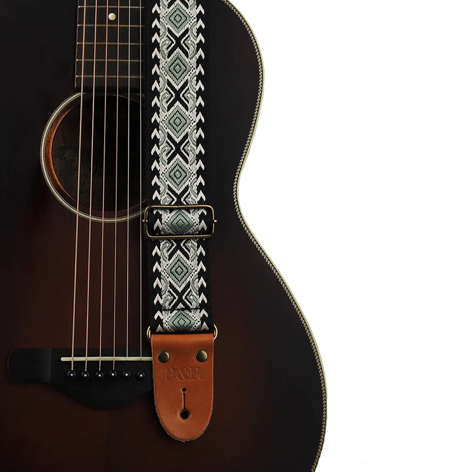 P&P Guitar Strap Adjustable Embroidered Belt with Leather End for Bass Electric Acoustic Guitar