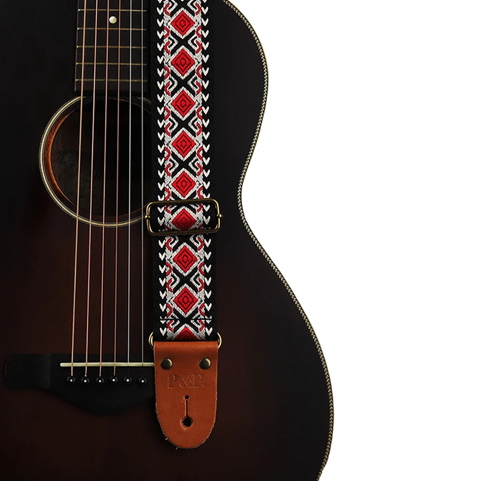 P&P Guitar Strap Adjustable Embroidered Belt with Leather End for Bass Electric Acoustic Guitar
