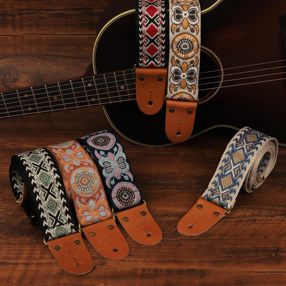 P&P Guitar Strap Adjustable Embroidered Belt with Leather End for Bass Electric Acoustic Guitar