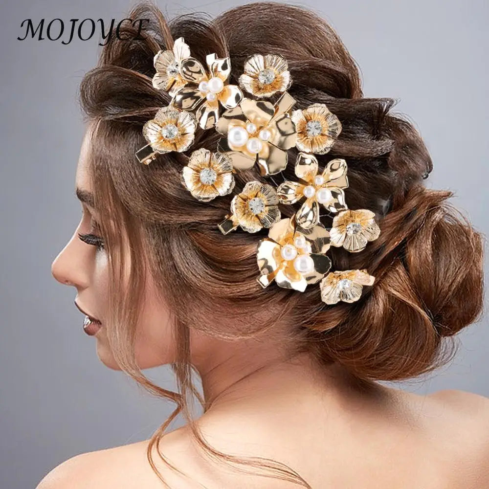10/12/16Pcs Small Flower Hair Clips Gold Pearl Hair Barrettes Floral Headpiece Floral Pearl Hair Pins for Party Prom Birthday