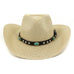 Western style straw hat in beige color.  Decorative hat band