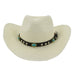 Western style straw hat in white cream color.  Decorative hat band
