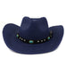 Western style straw hat in navy color.  Decorative hat band