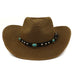 Western style straw hat in khaki color.  Decorative hat band