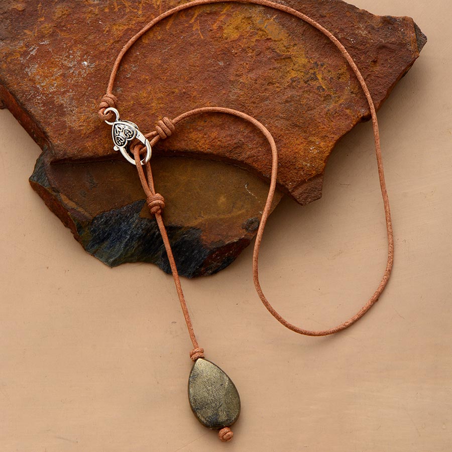 Pyrite stone and leather Y necklace