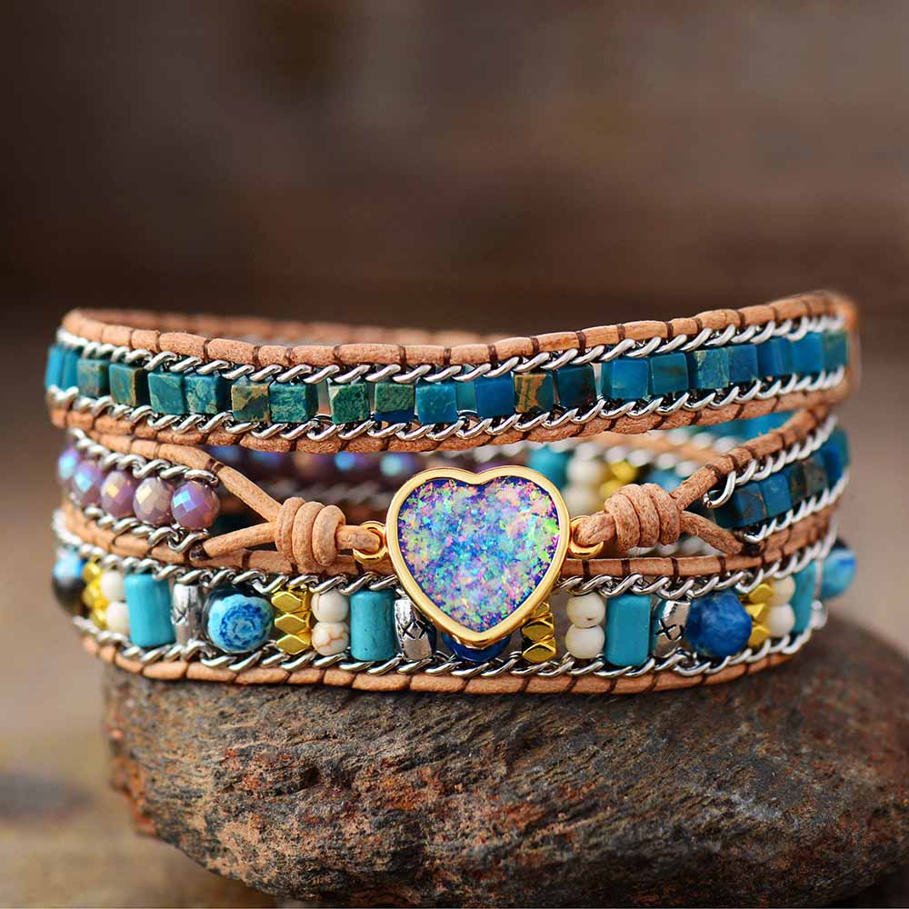 Kiono Bracelet, Opal heart, Jasper, natural stone, wrap bracelet