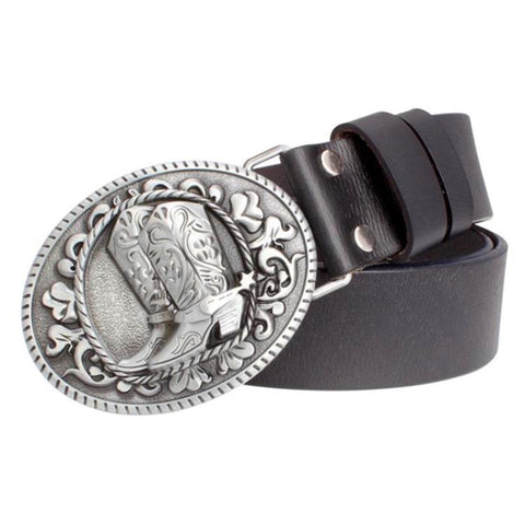 Black leather belt with cowboy boot belt buckle