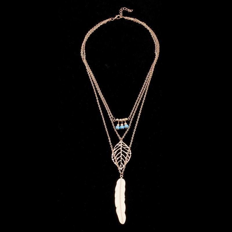 Silver-Feather-Leaf-Triple-Layer-Necklace